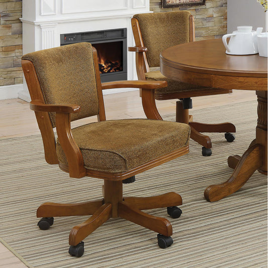 Brown upholstered swivel chair with wooden arms and base designed for game rooms