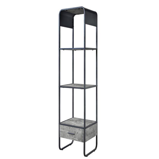 Tall industrial black metal shelving unit with concrete effect shelves and drawer