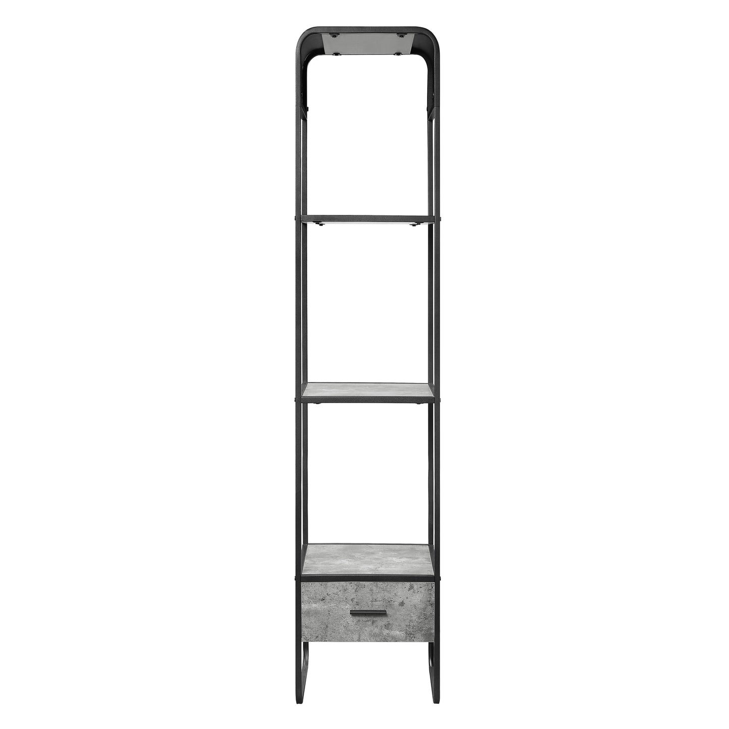 Tall industrial shelving unit with three shelves and one drawer