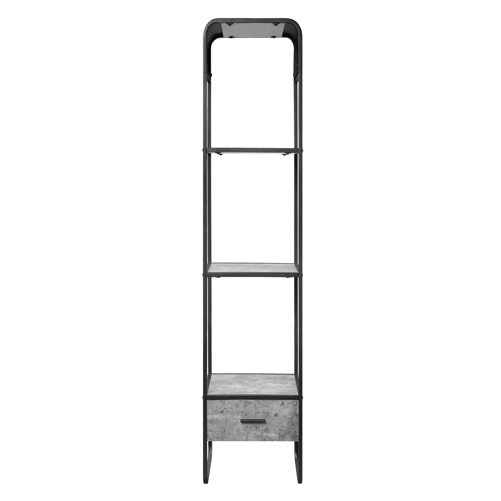 Tall industrial shelving unit with three shelves and one drawer