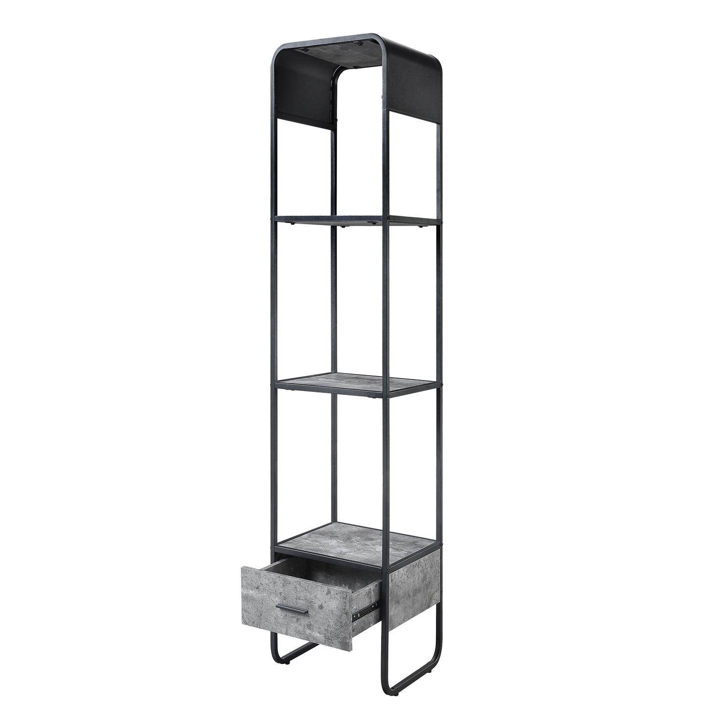 Tall industrial style bookshelf with concrete effect shelves and a single drawer Ideal for modern homes
