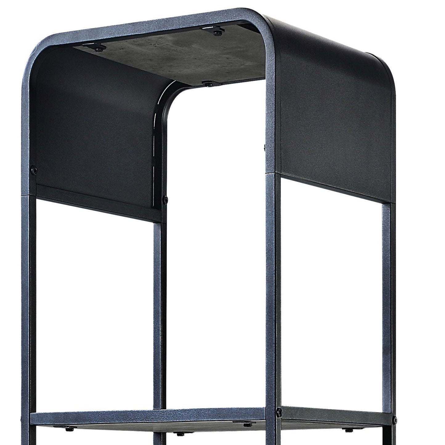 Black metal modern bookshelf with rounded edges and open shelving