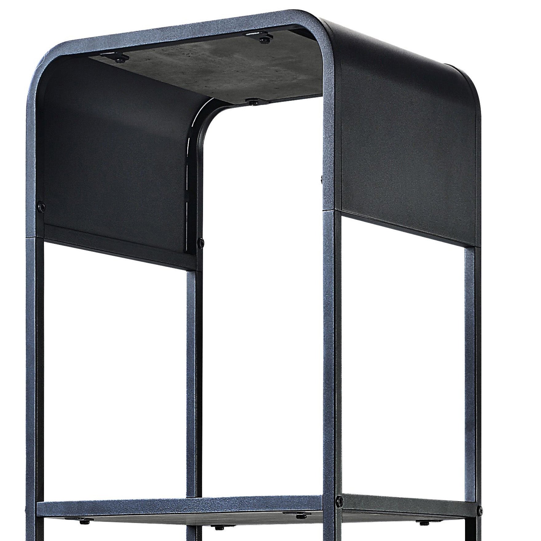 Black metal modern bookshelf with rounded edges and open shelving