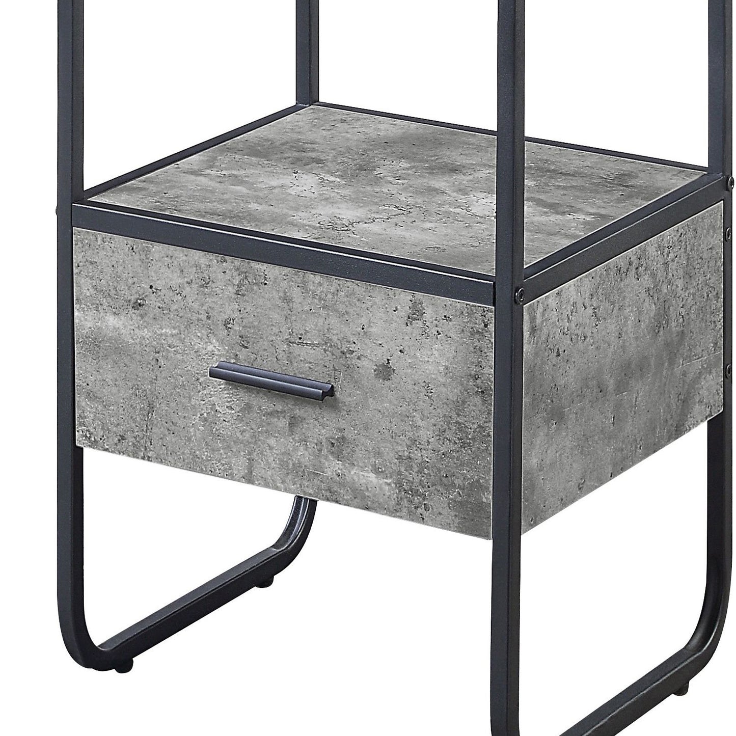 Industrial grey concrete drawer with black metal frame and handle a side table