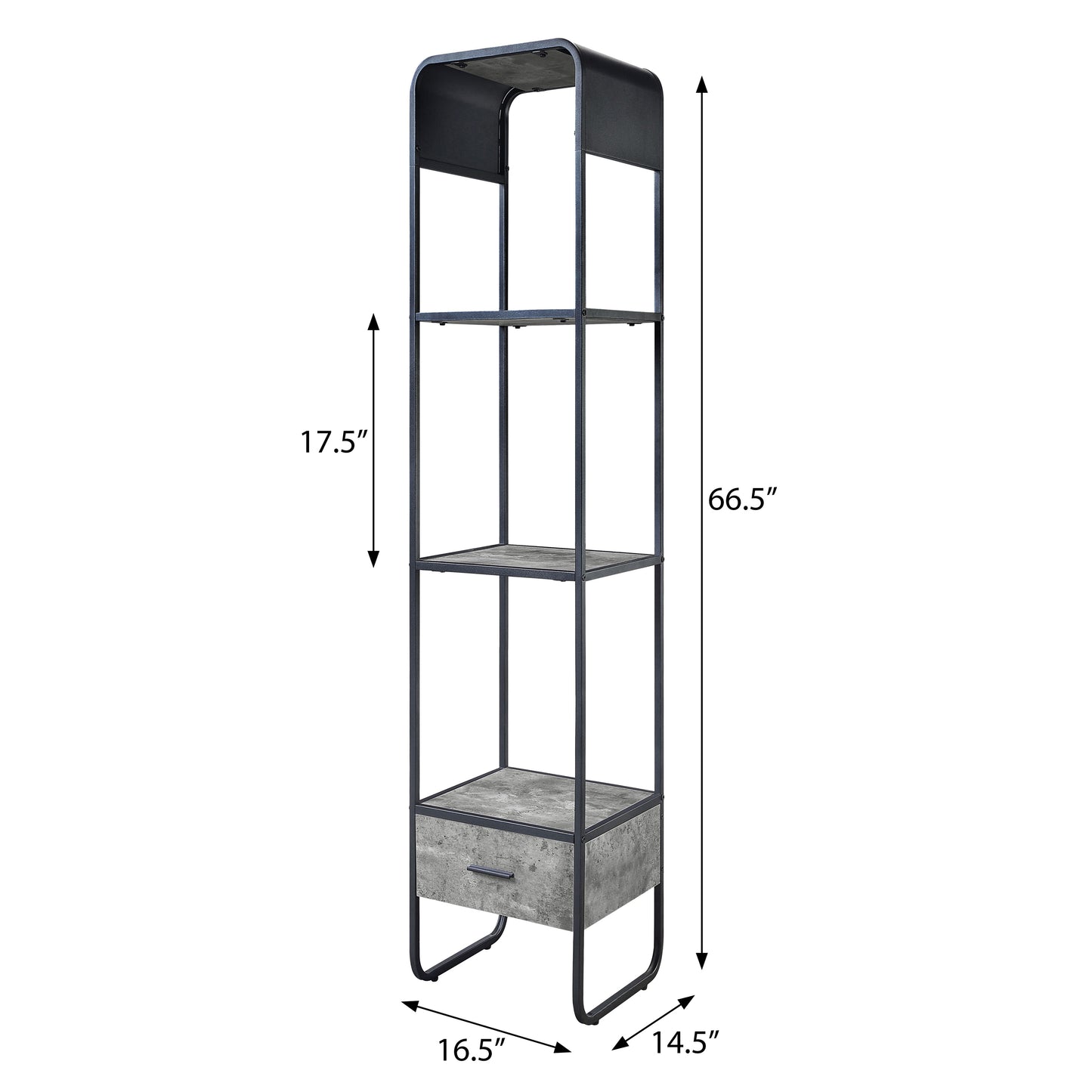 Tall industrial bookshelf with black metal frame and concretelook shelves featuring one drawer