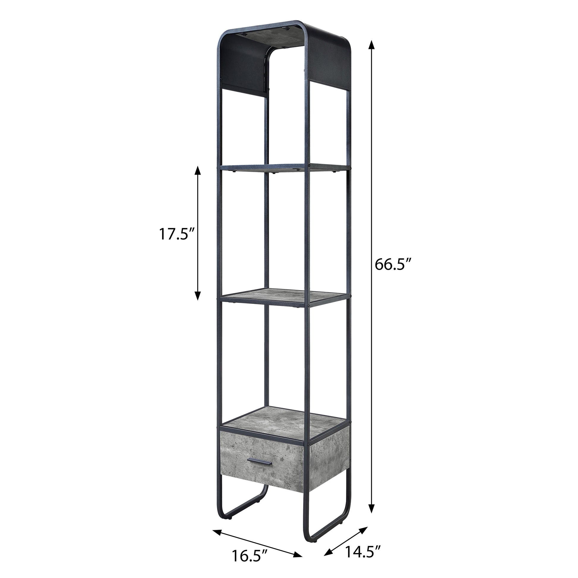 Tall industrial bookshelf with black metal frame and concretelook shelves featuring one drawer