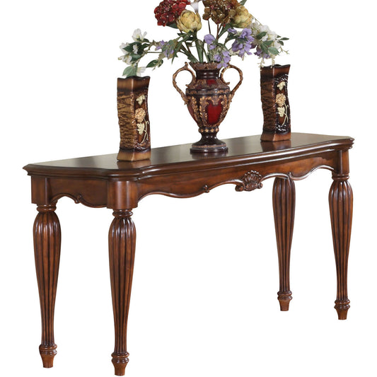 Rich mahogany halfmoon console table with carved details and fluted legs