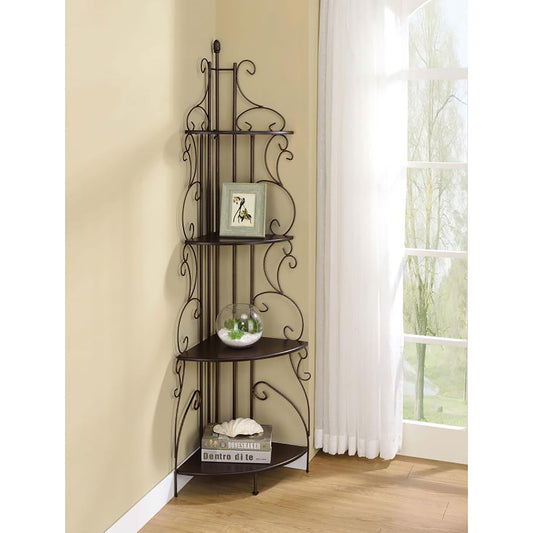 Ornate dark metal corner shelf unit with decorative scrolls