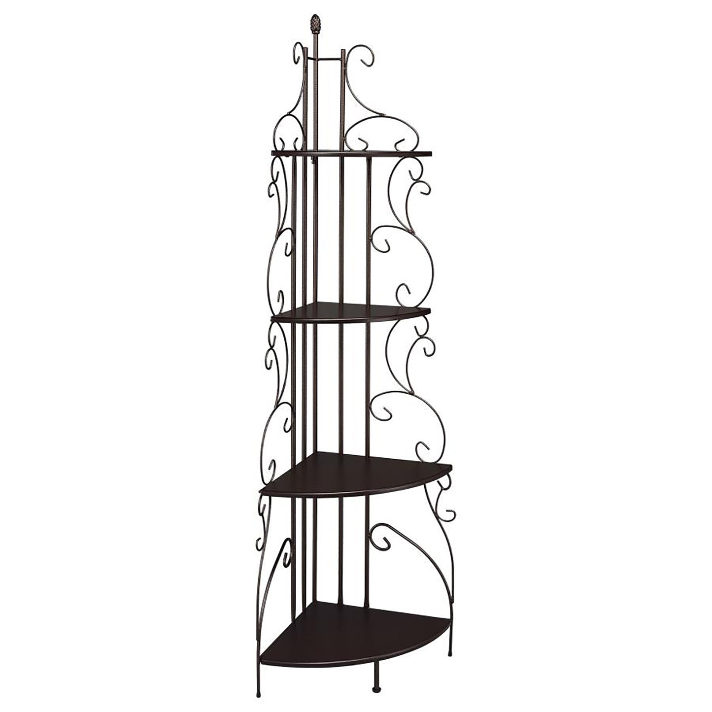 Ornate black metal corner shelf with five tiers for home decor