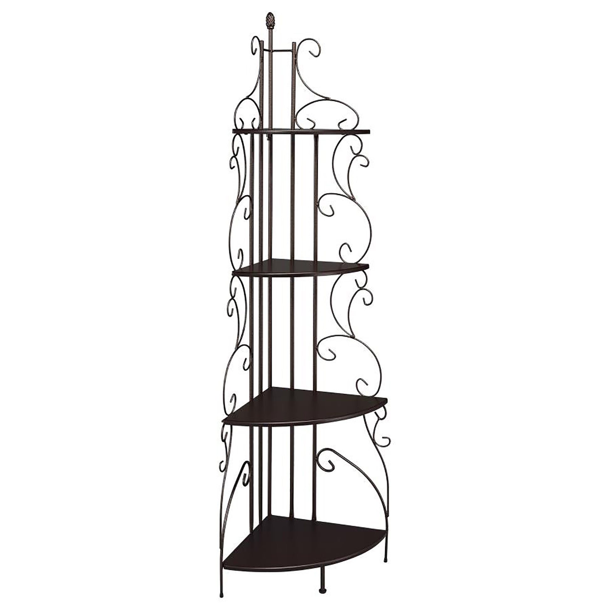 Ornate black metal corner shelf with five tiers for home decor