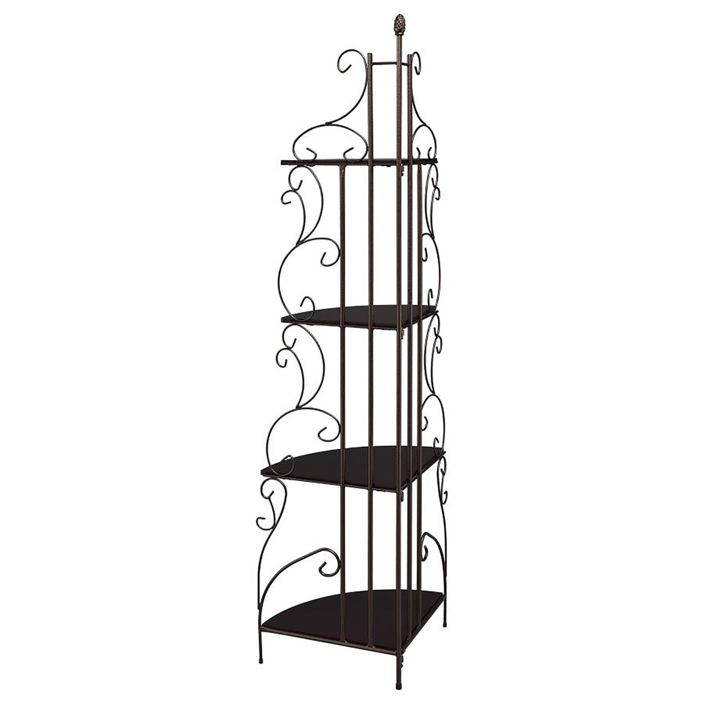 Ornate wrought iron corner shelf unit with three tiers for display
