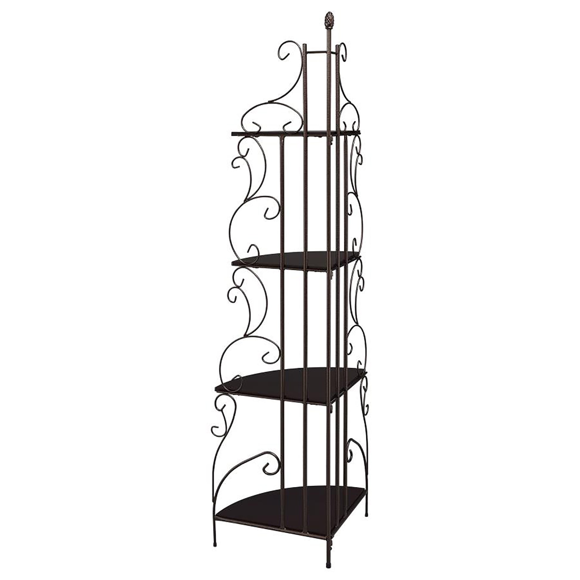 Ornate wrought iron corner shelf unit with three tiers for display