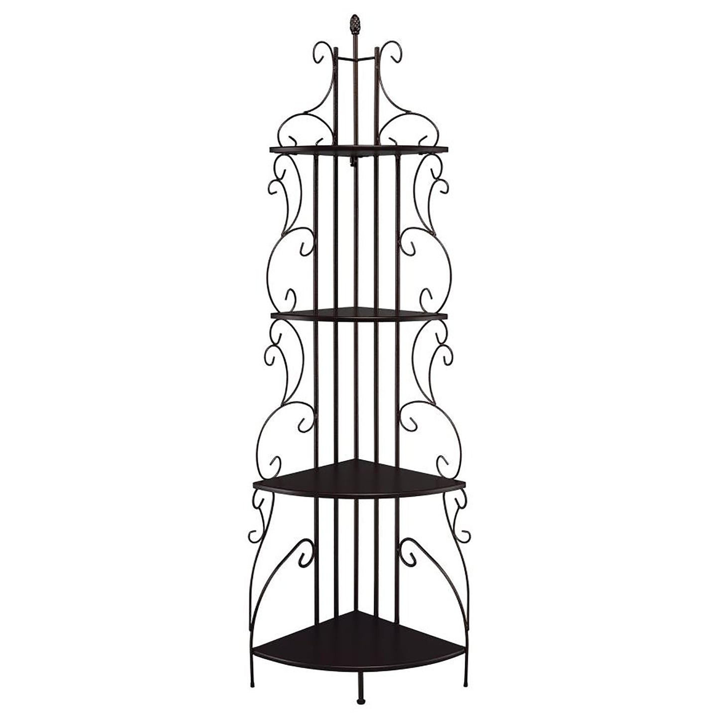 Ornate wrought iron corner shelf with five tiers perfect for displaying plants or decor