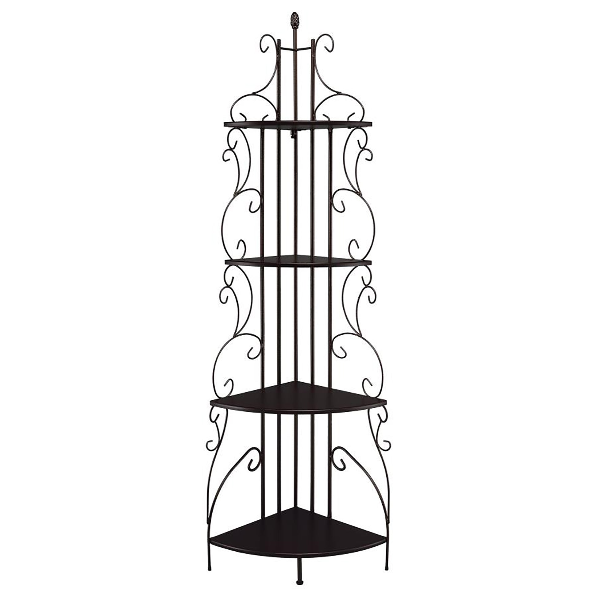 Ornate wrought iron corner shelf with five tiers perfect for displaying plants or decor