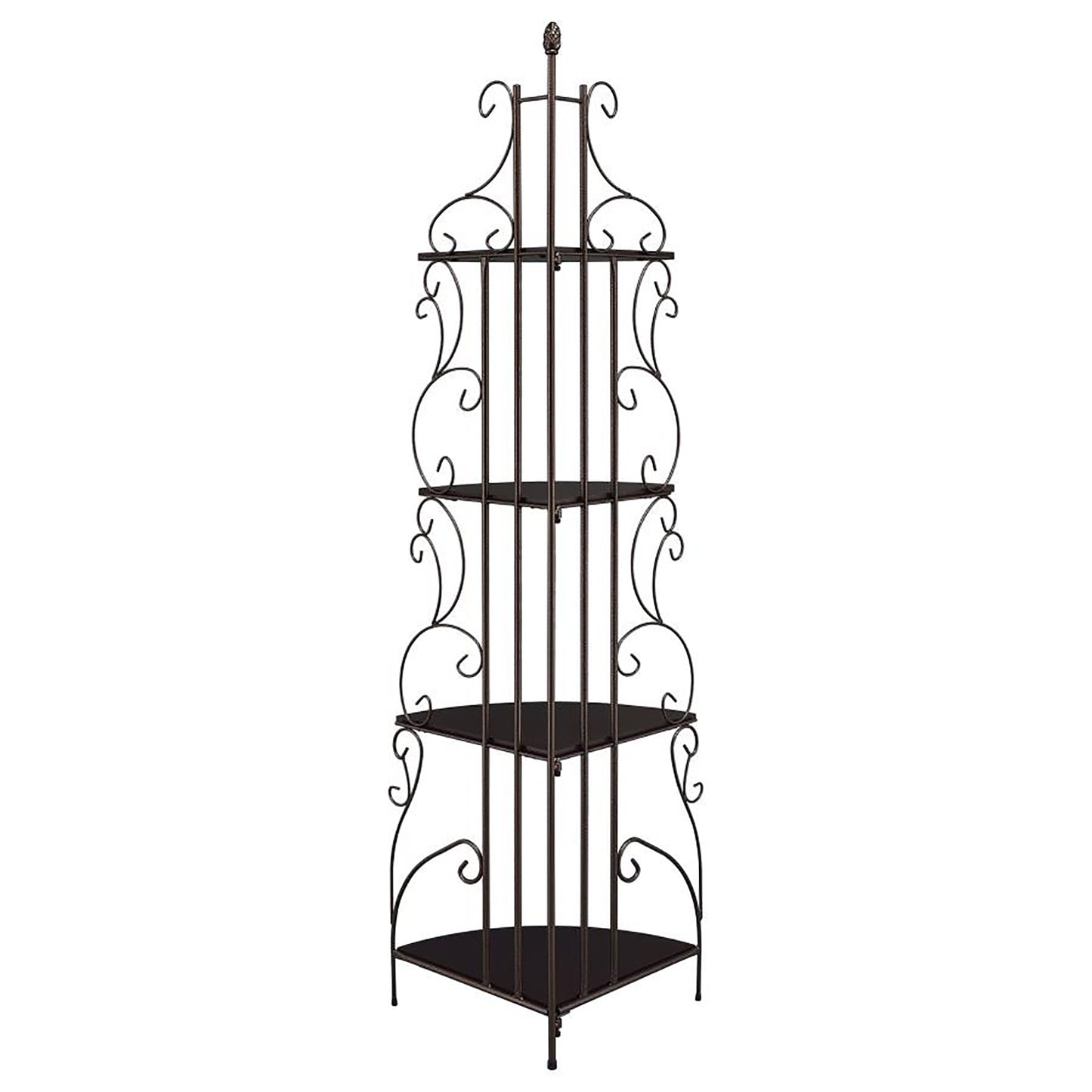 Ornate dark bronze metal corner shelf with four tiers for plant display