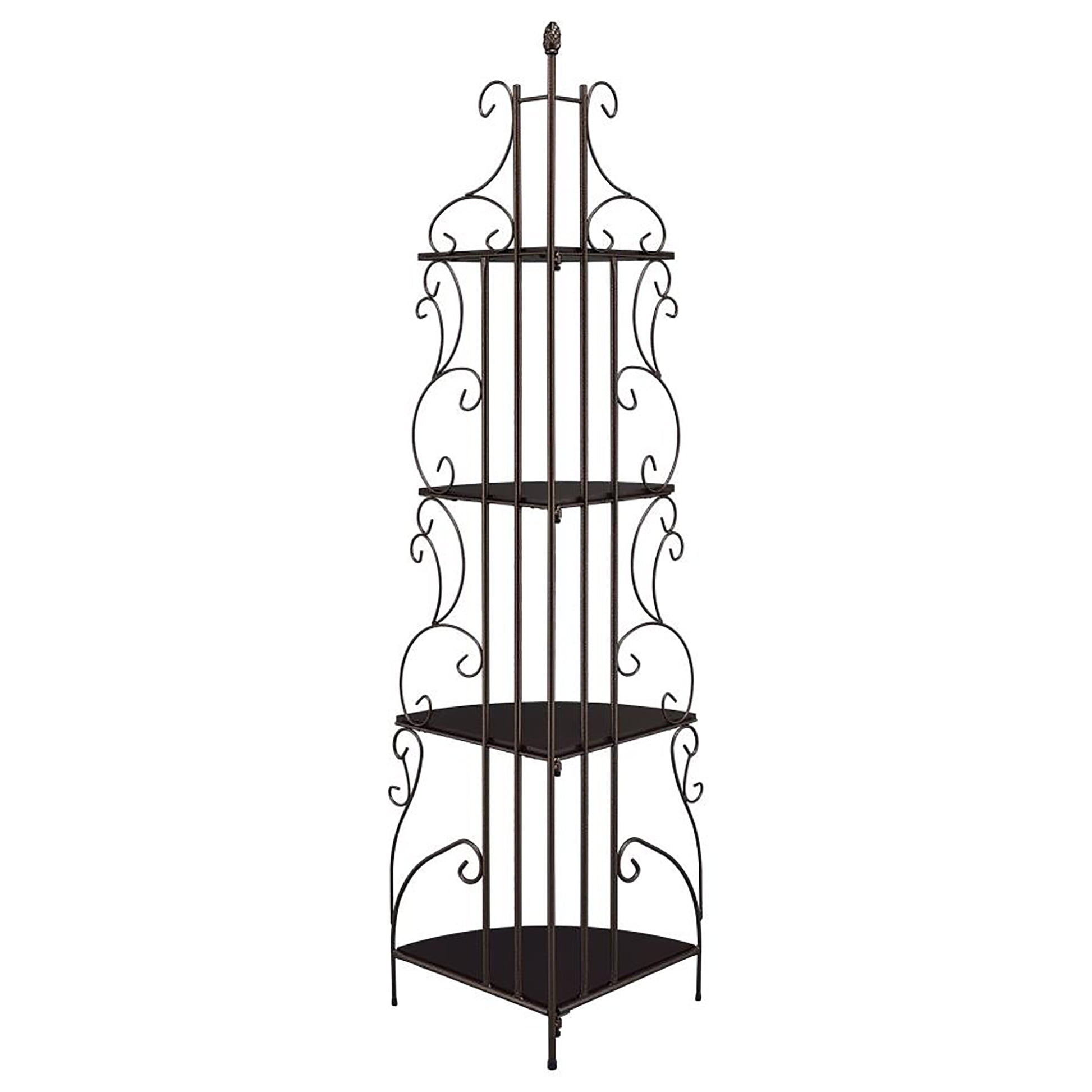 Ornate dark bronze metal corner shelf with four tiers for plant display