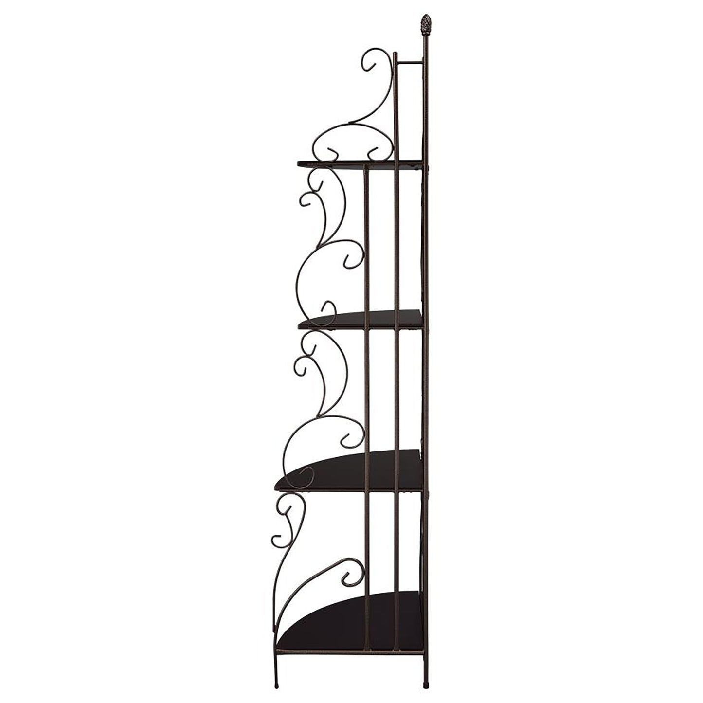 Ornate dark metal corner shelf unit with four tiered shelves ideal for displaying plants or decor