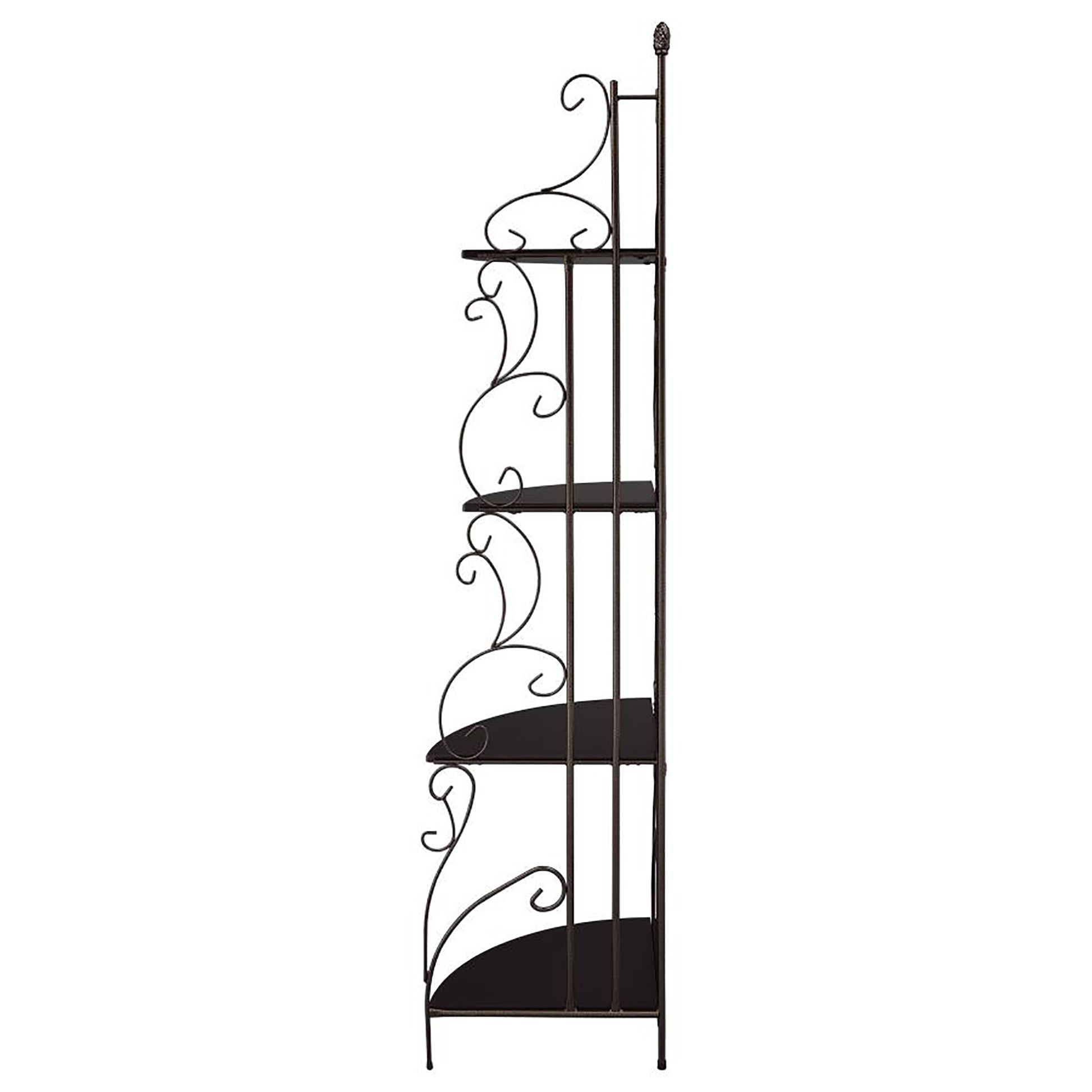 Ornate dark metal corner shelf unit with four tiered shelves ideal for displaying plants or decor
