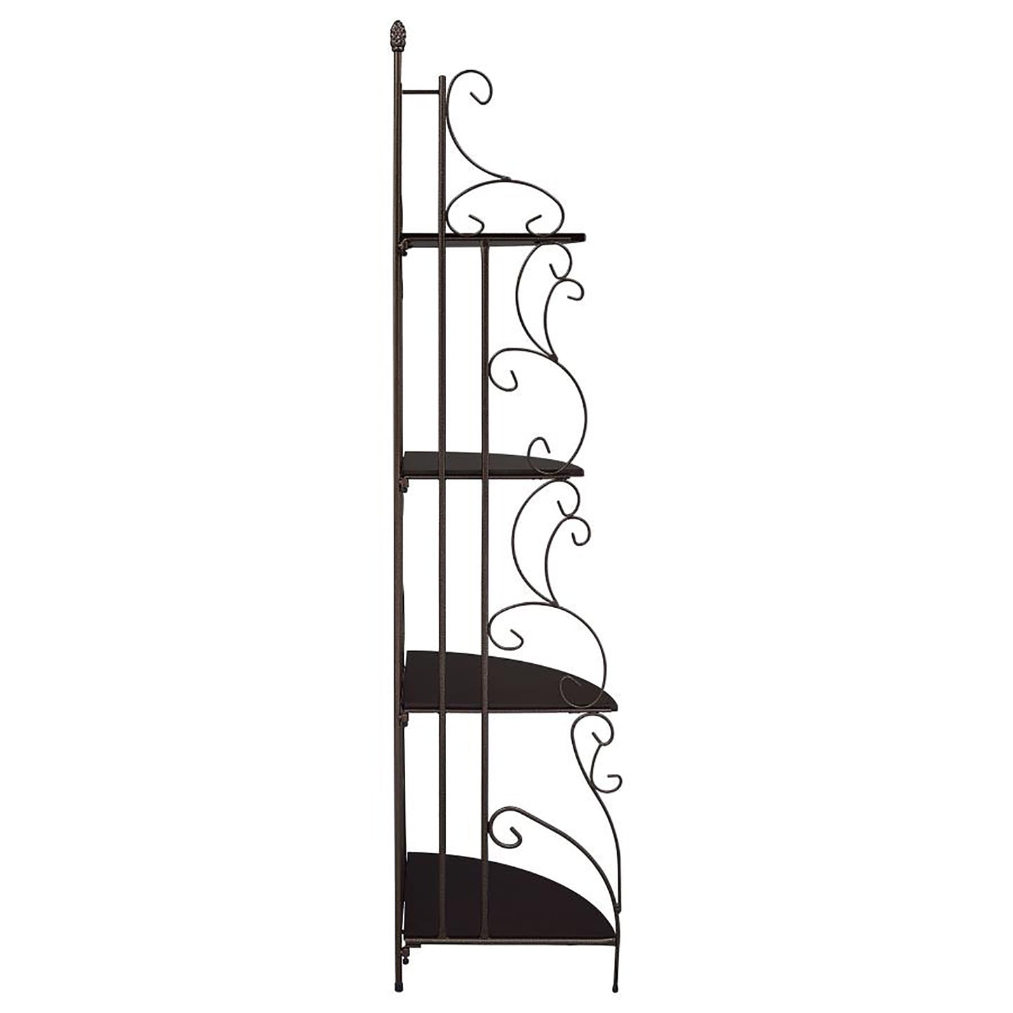Ornate wrought iron bakers rack with dark wood shelves ideal for kitchen display