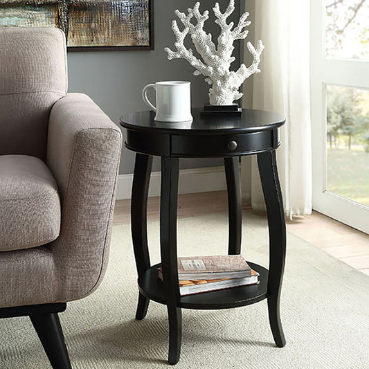Black round end table with drawer and lower shelf perfect for living room