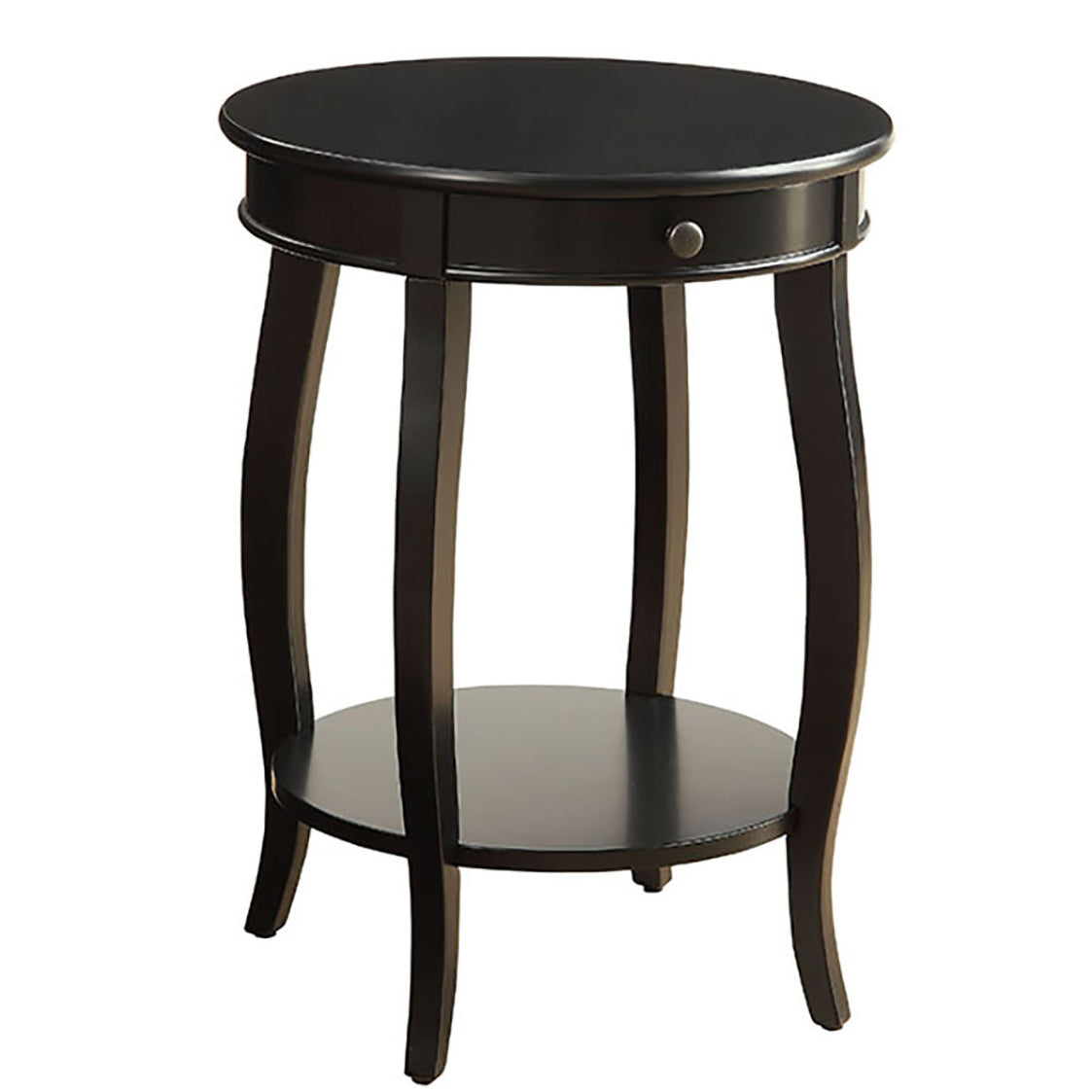 Elegant black round end table with drawer and lower shelf classic design