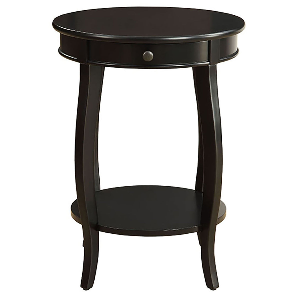 Black round accent table with a drawer and lower shelf