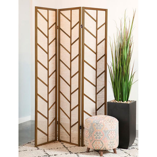 panel room divider with wooden frame and woven panels featuring a geometric pattern for privacy