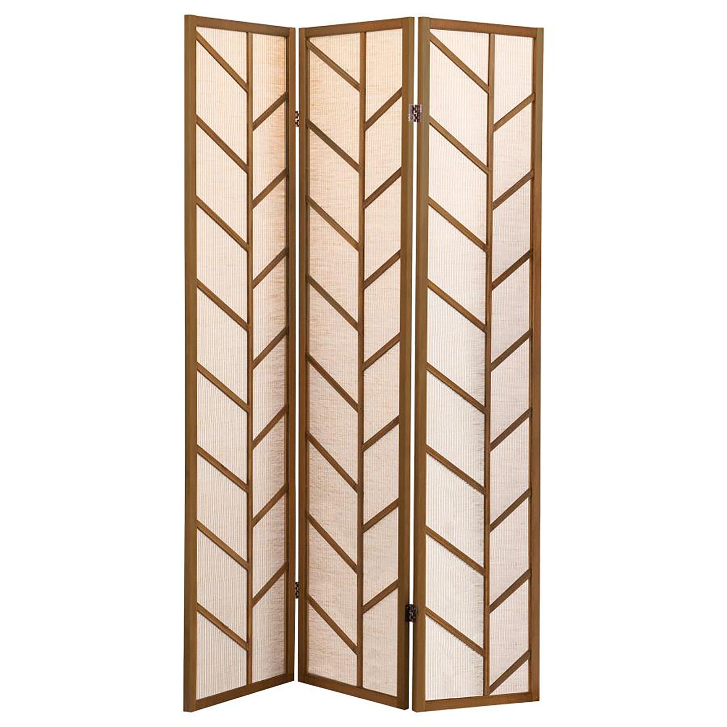 Threepanel wooden room divider with a geometric chevron pattern in a natural wood finish