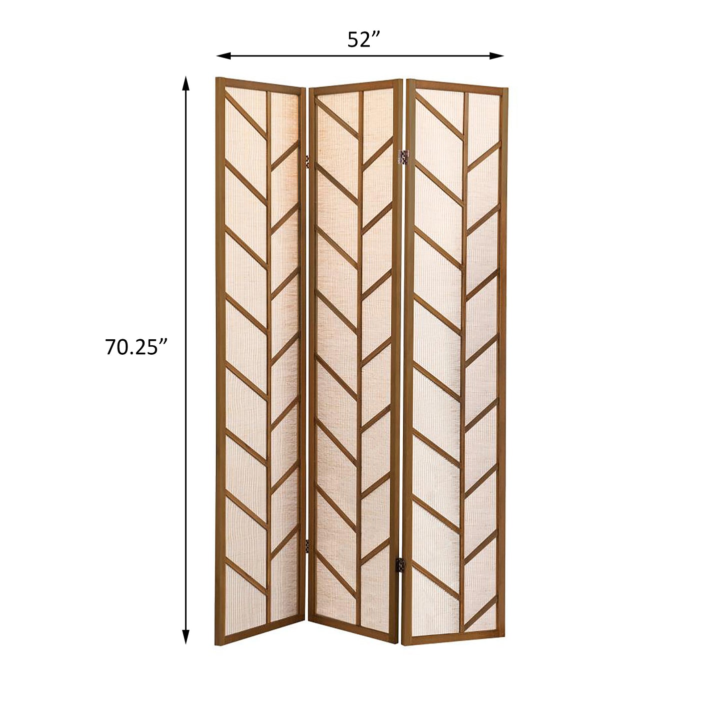 Brown wooden room divider with woven beige panels and chevron pattern