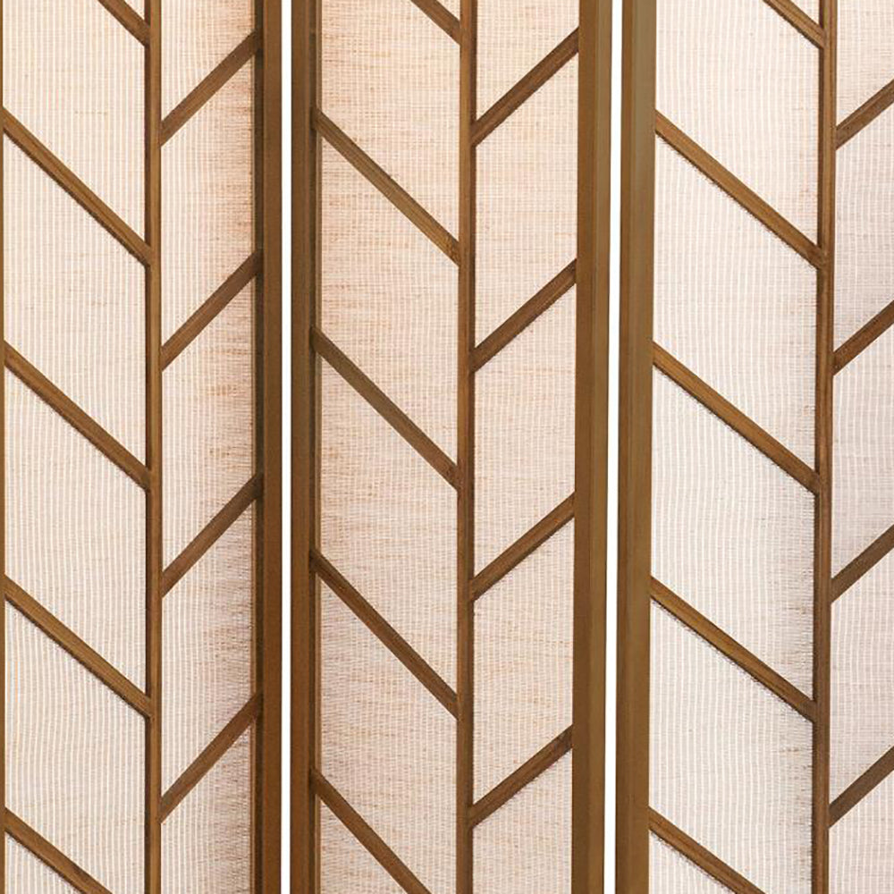 Closeup of a wooden room divider with a geometric pattern and woven panels