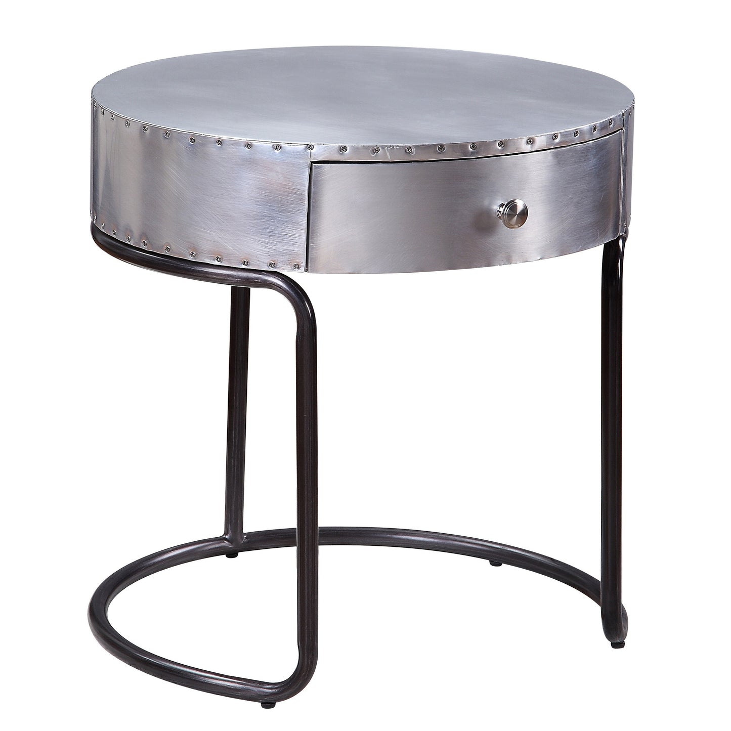 Round silver industrial side table with one drawer and black metal base