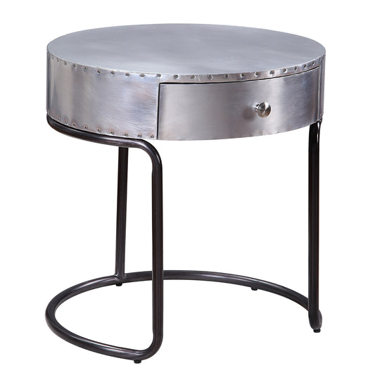 Round silver industrial side table with one drawer and black metal base