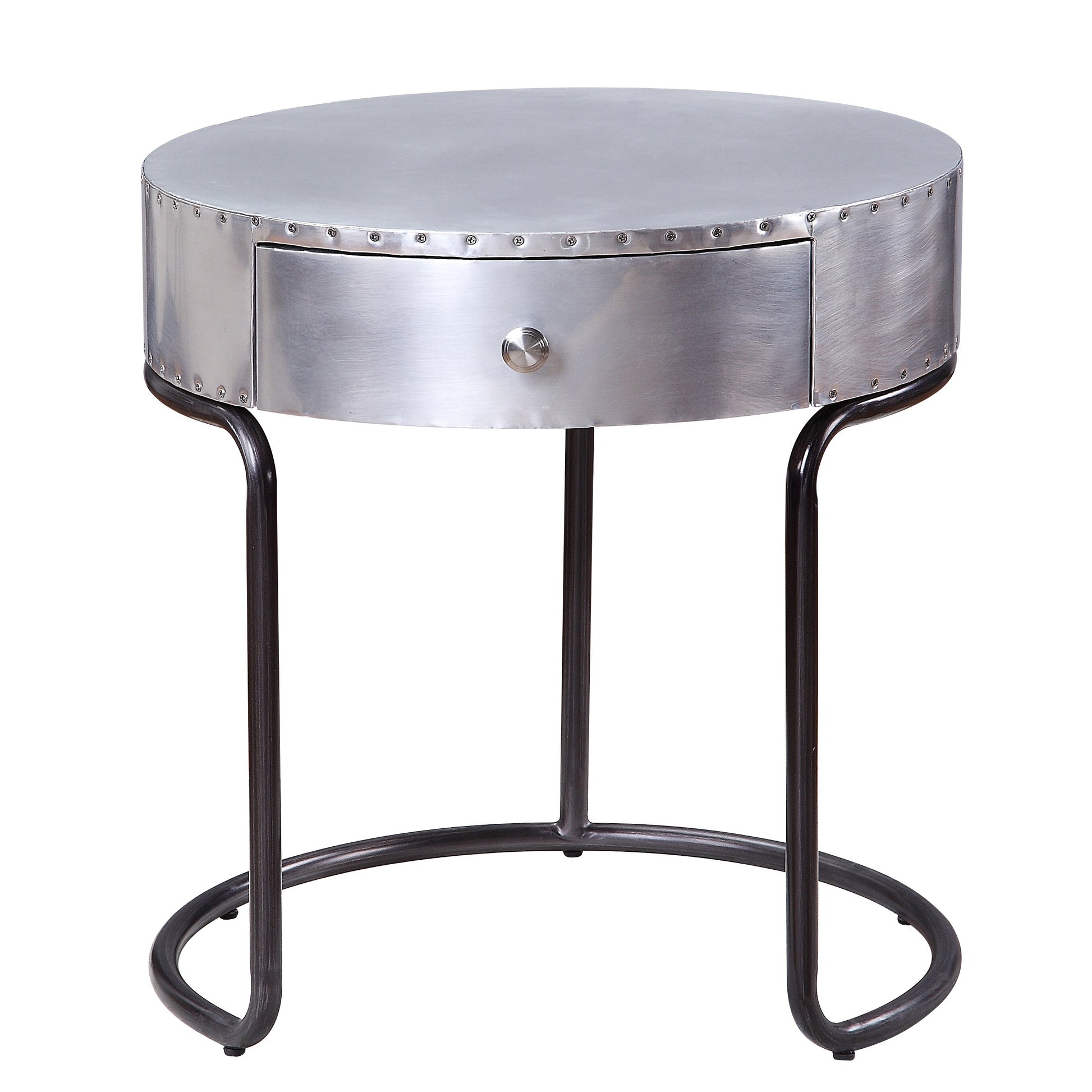 Round silver metal side table with one drawer and riveted details