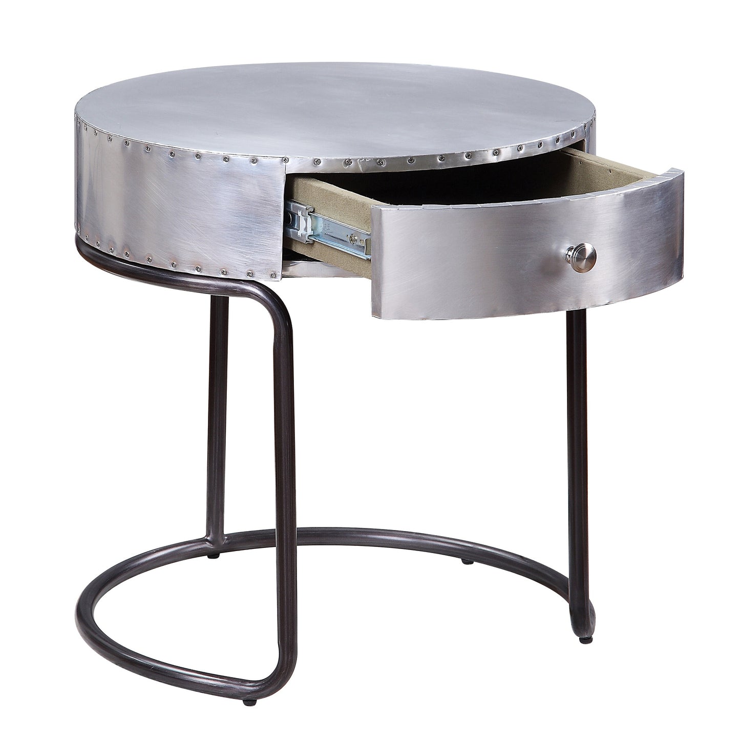 Round brushed metal side table with one open drawer and riveted details