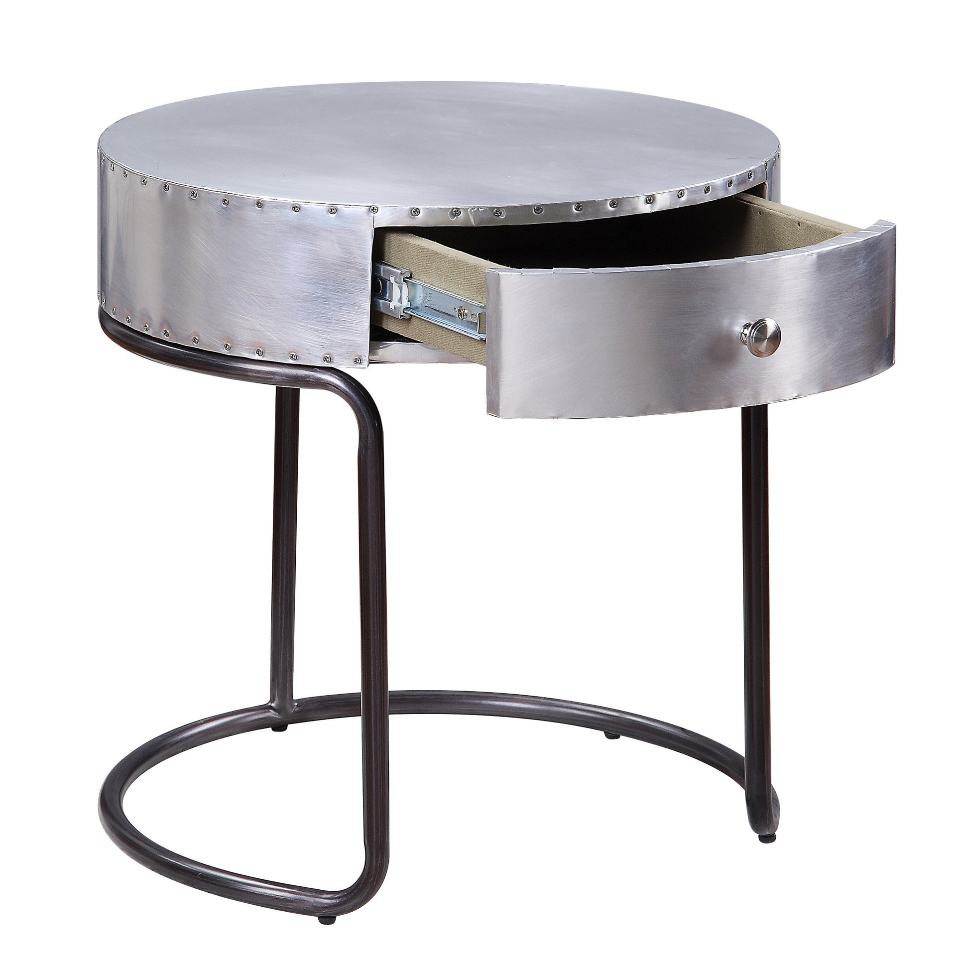 Round brushed metal side table with one open drawer and riveted details