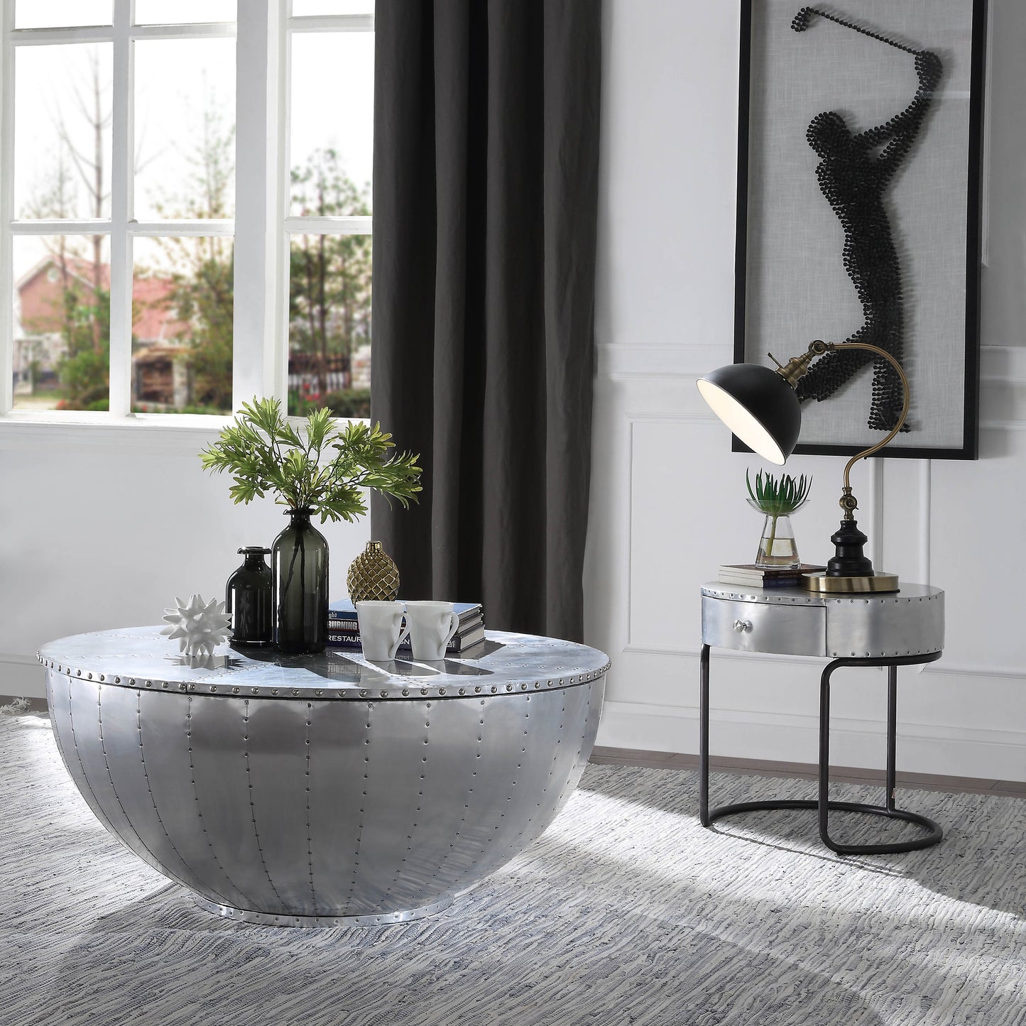Riveted aluminum coffee table with a midcentury modern design perfect for living rooms
