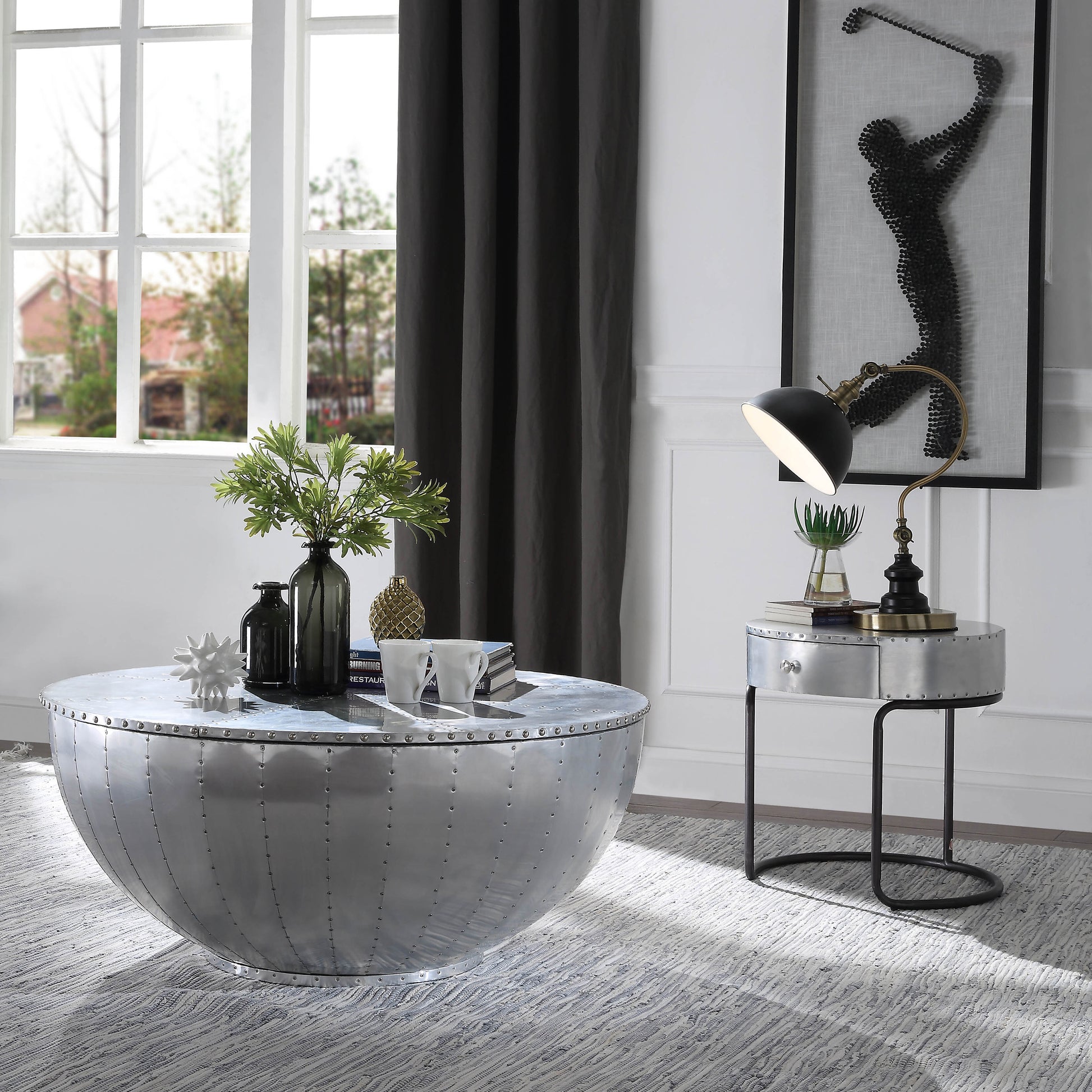 Riveted aluminum coffee table with a midcentury modern design perfect for living rooms