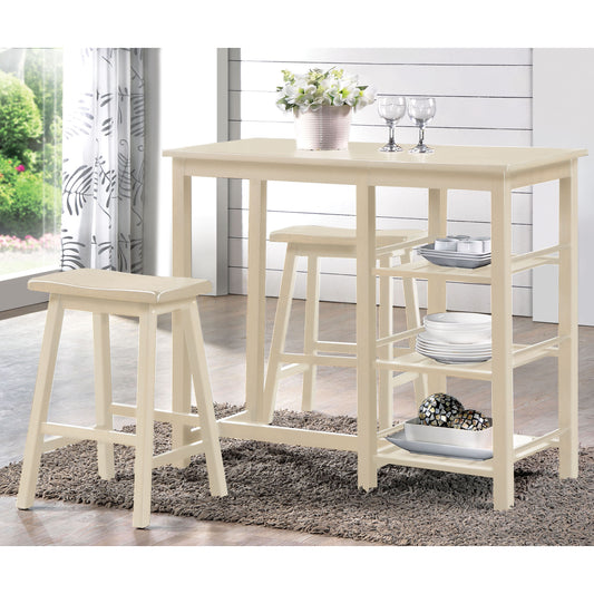 Cream bar table with two stools and builtin shelving perfect for compact dining