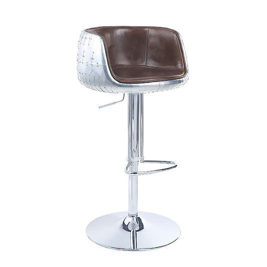 Aviator swivel bar stool with brown leather seat and riveted aluminum shell