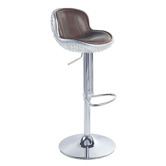 Brown leather and silver aluminum riveted bar stool with adjustable height