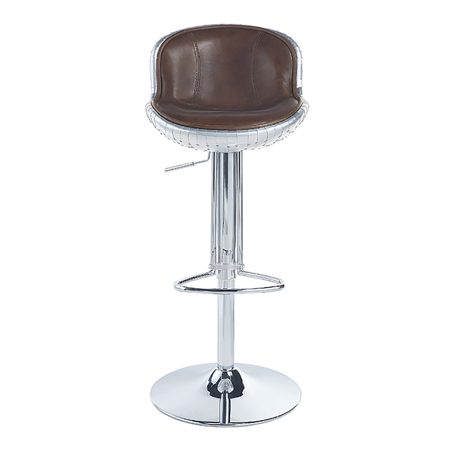 Brown leather aviator bar stool with polished chrome base and accents
