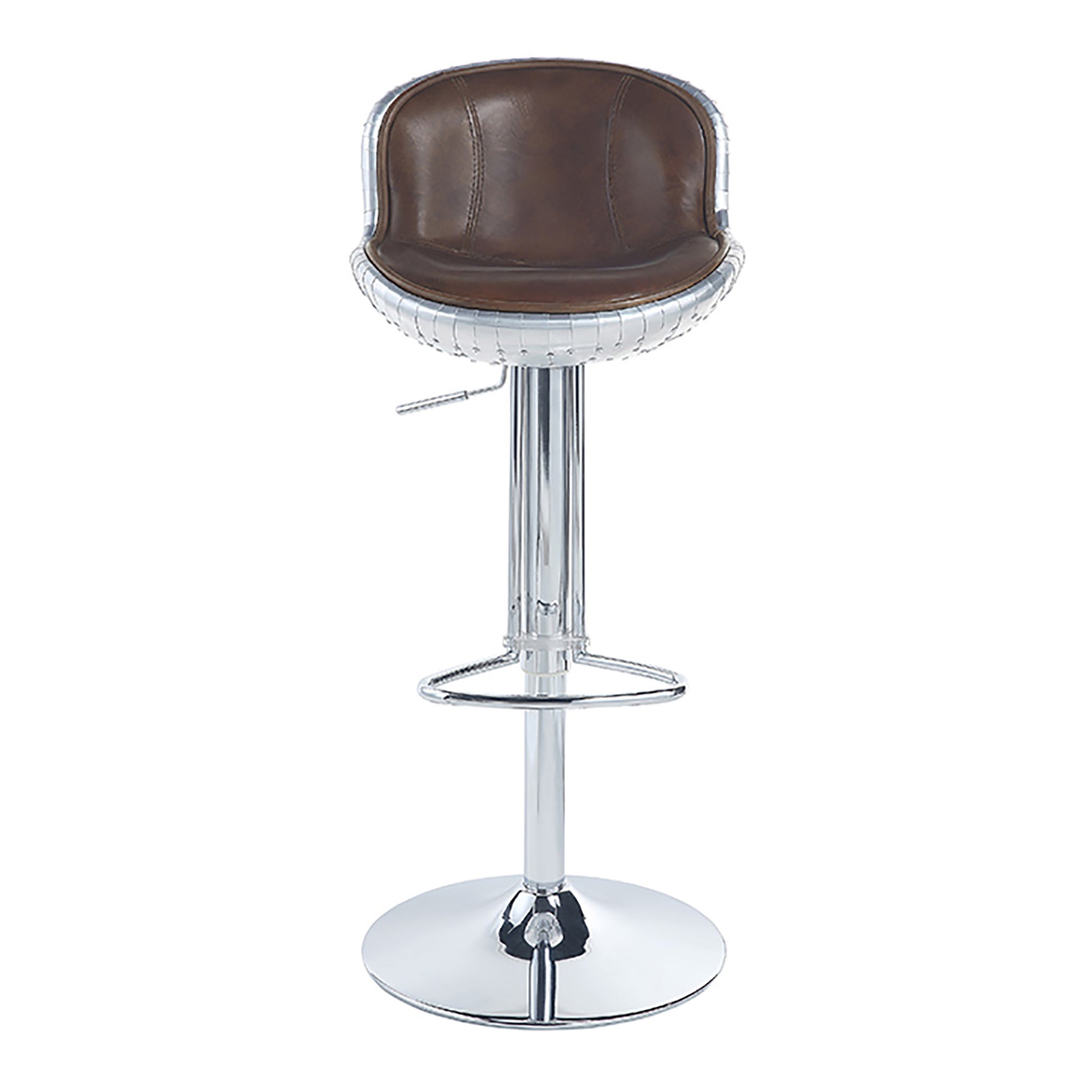 Brown leather aviator bar stool with polished chrome base and accents