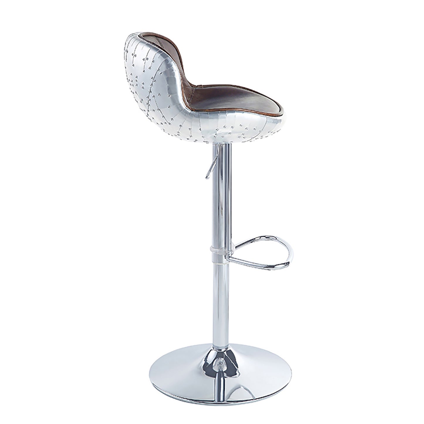Silver metal riveted aviator bar stool with brown leather seat