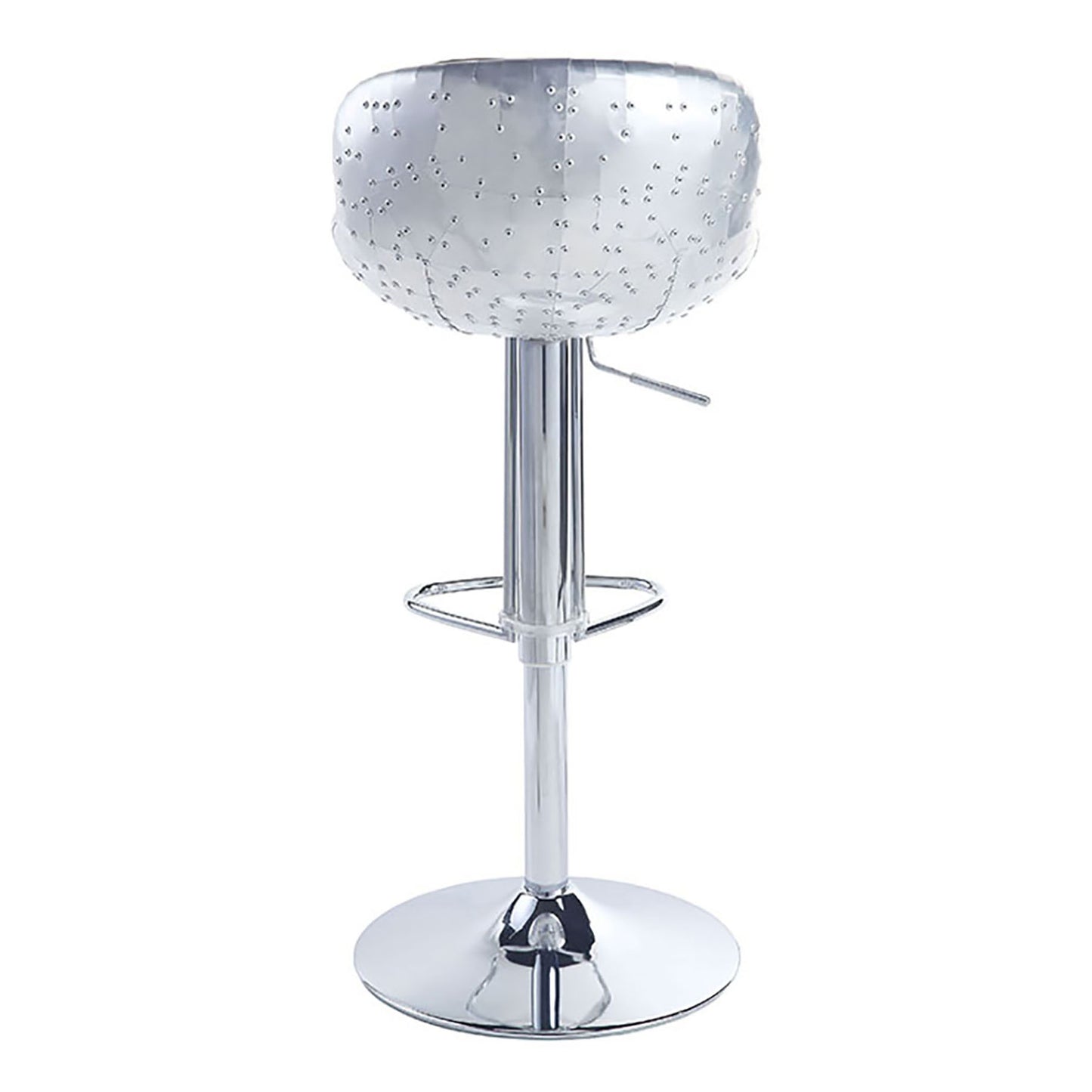Silver metal bar stool with a riveted bowlshaped seat and adjustable height