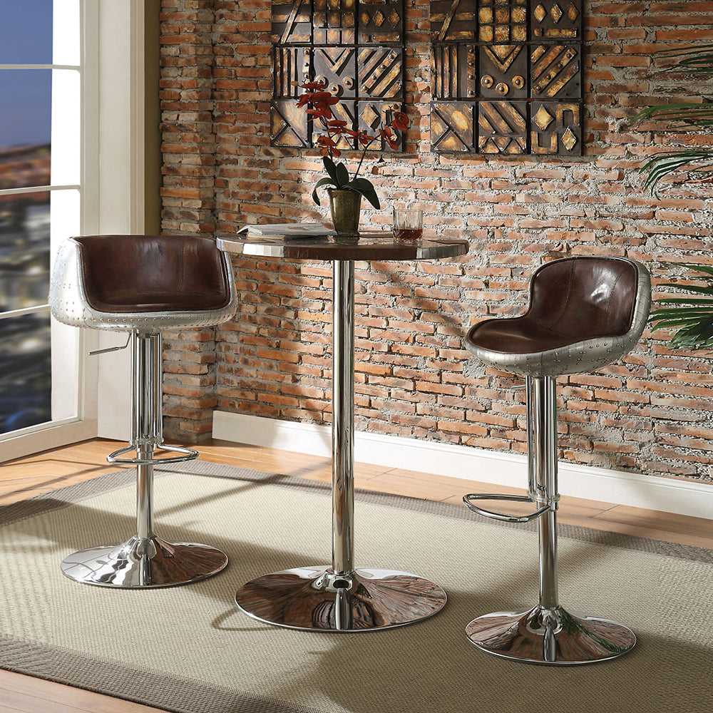 Brown leatherette and silver metal bar stool with adjustable height