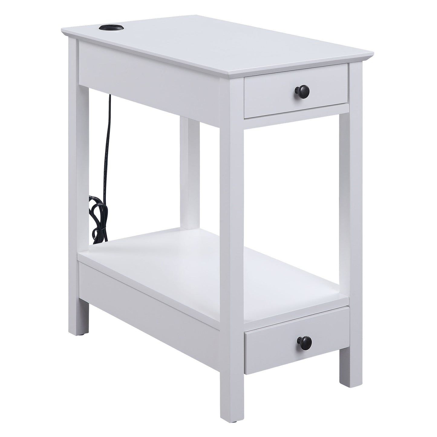 White narrow end table with two drawers and builtin power outlet