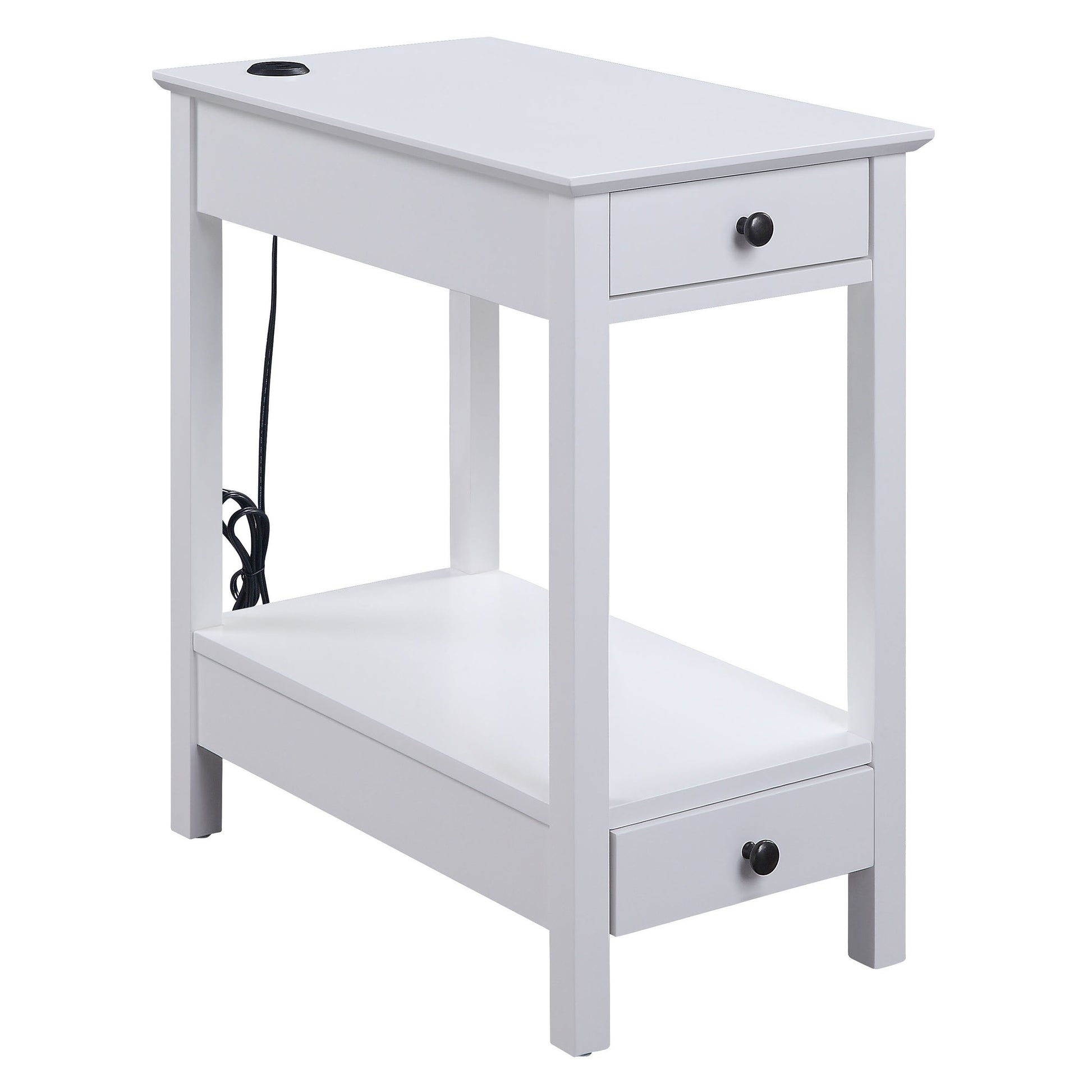 White narrow end table with two drawers and builtin power outlet