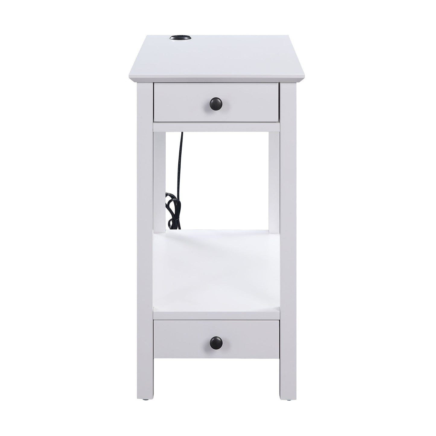 White accent table with two drawers open shelf and cord management hole