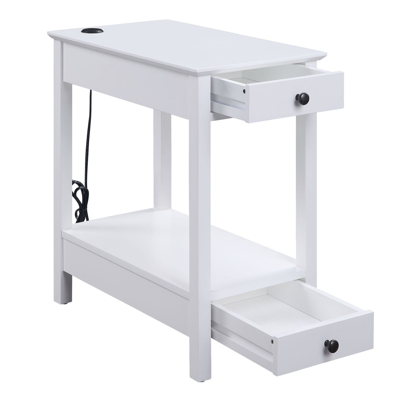 White accent table with two drawers and integrated power outlet