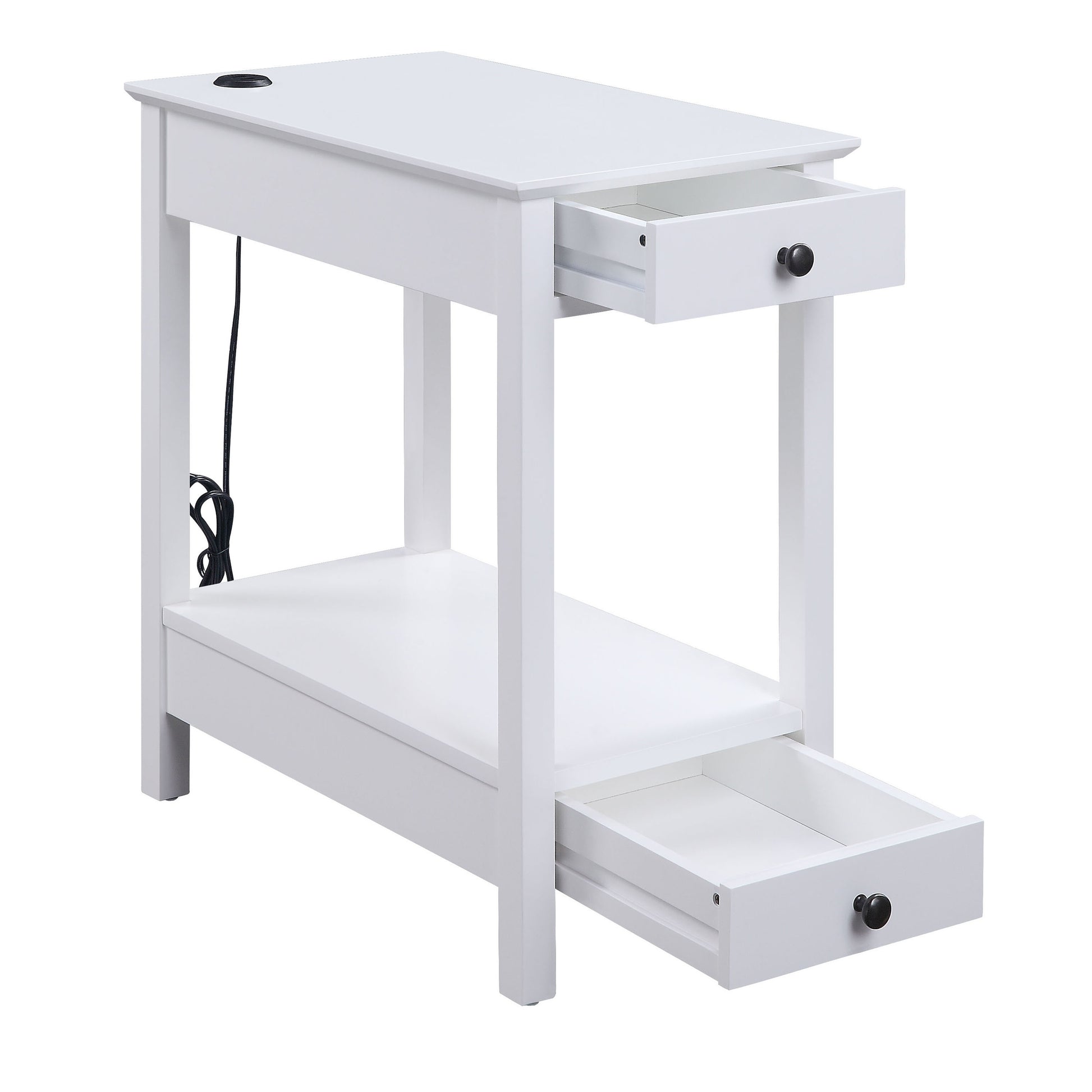 White accent table with two drawers and integrated power outlet